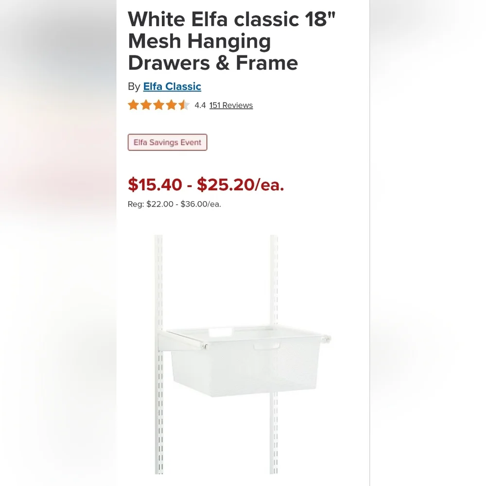 Elfa Classic Hanging Drawer Frame White, 18